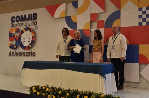 La ministra Pilar Llop en un acto de la COMJIB en Barranquilla, Colombia