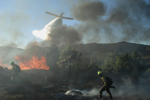 Avión y efectivos terrestres trabajando en la extinción de un incendio forestal
