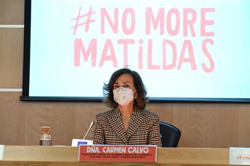 La vicepresidenta primera del Gobierno, Carmen Calvo, en el acto de presentación de la campaña 