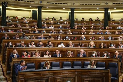 El presidente del Gobierno, Pedro Sánchez, miembros del gobierno y diputados, en el hemiciclo del Congreso