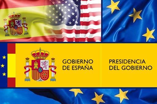 Collage de las banderas de España, Estados Unidos, la Unión Europea y el logo de la Presidencia del Gobierno