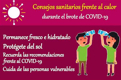 Cartel con los consejos sanitarios frente al calor durante el brote de COVID-19