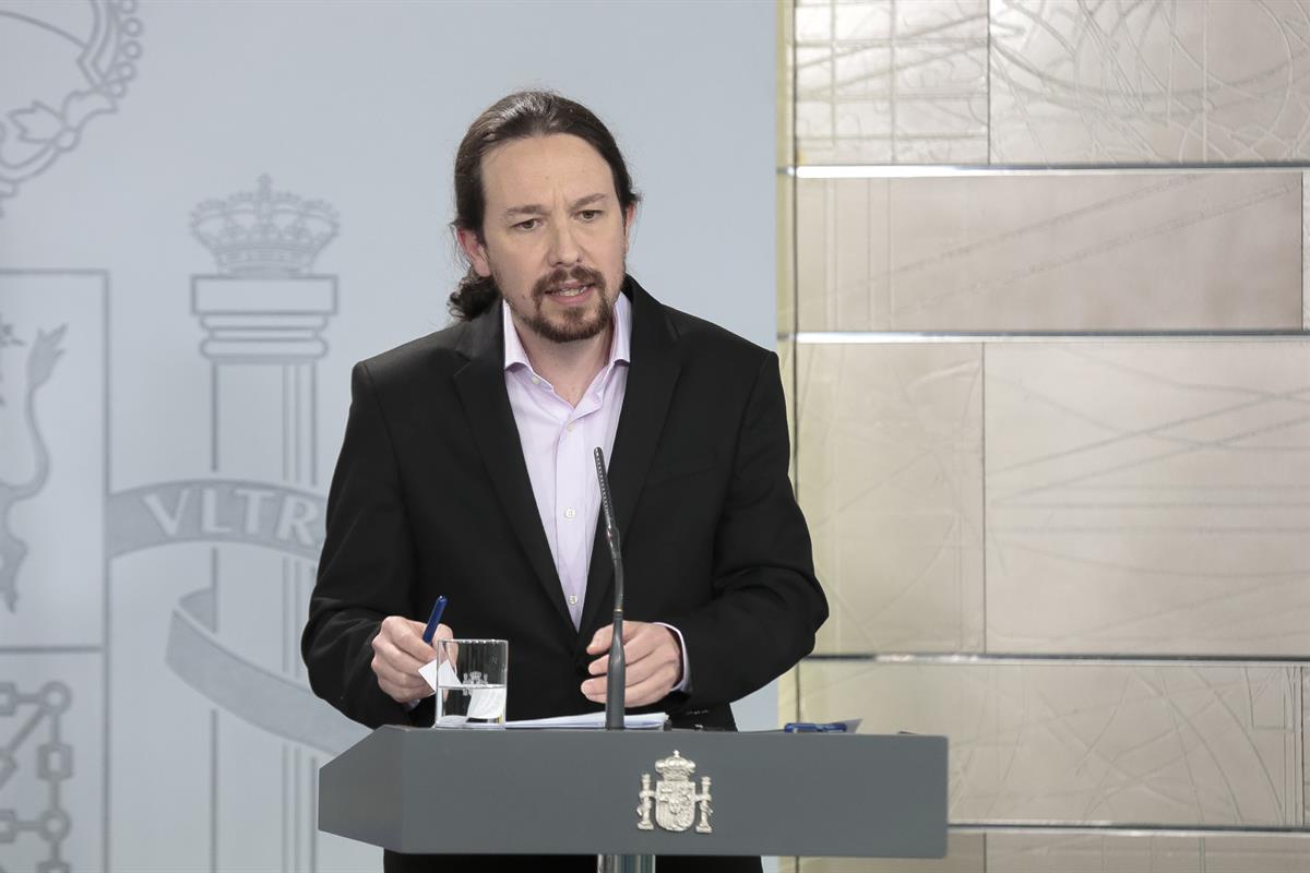 19/03/2020. Comparecencia de Pablo Iglesias y Salvador Illa. El vicepresidente segundo y ministro de Asuntos Sociales y Agenda 2030, Pablo I...