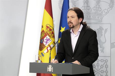 19/03/2020. Comparecencia de Pablo Iglesias y Salvador Illa. El vicepresidente segundo y ministro de Asuntos Sociales y Agenda 2030, Pablo I...