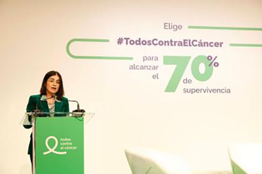 La ministra de Sanidad, Carolina Darias, en el acto de presentación del proyecto 'Todos contra el cáncer'