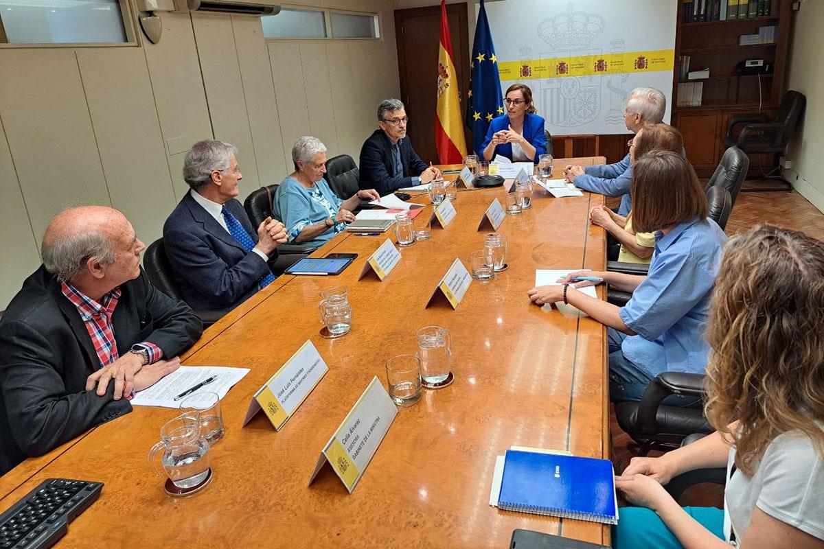 La ministra de Sanidad, Mónica García, durante la reunión con los representantes de Plataforma de Mayores y Pensionistas