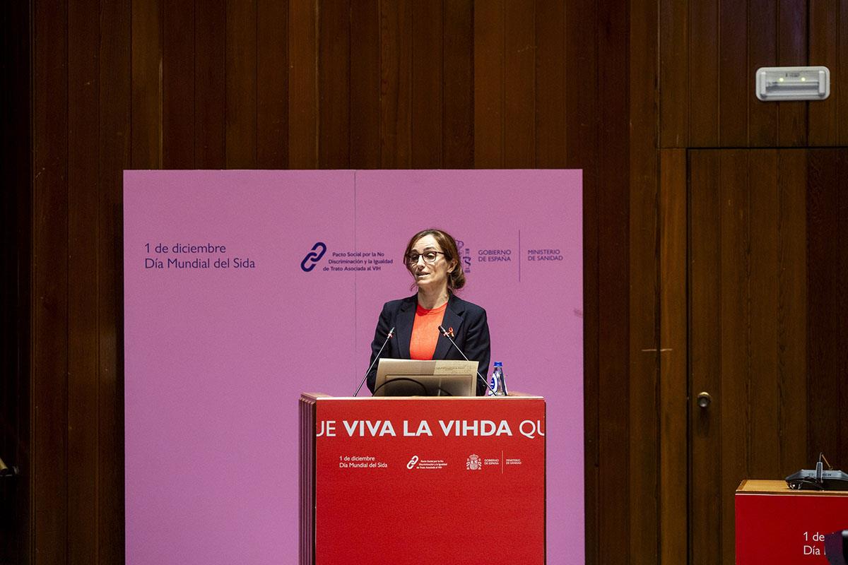 La titular de Sanidad, Mónica García, durante su intervención en el acto, que ha inaugurado