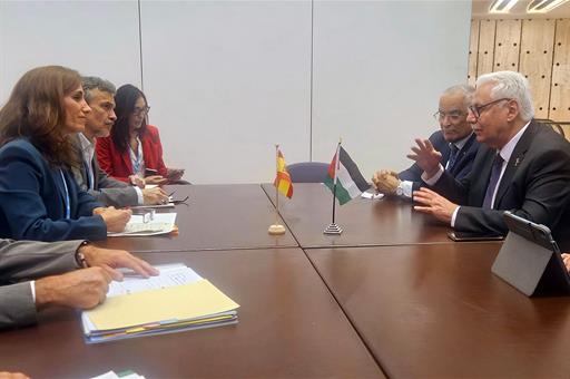 La ministra de Sanidad, Mónica García, durante la reunión con el ministro de Salud de Palestina, Maged Abu Ramadam