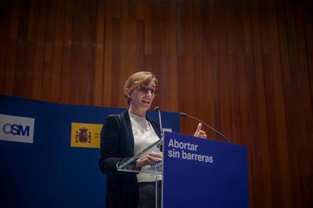 La ministra de Sanidad, Mónica García, durante su intervención en el acto celebrado en el Ministerio de Sanidad.
