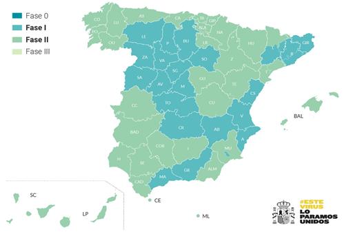 Mapa de provincias y zonas de salud en fase 1 y fase 2 a partir del 25 de mayo