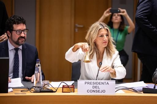 La vicepresidenta segunda y ministra de Trabajo y Economía Social, Yolanda Díaz, en una reunión de ministros europeos.