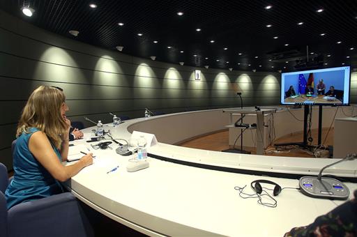 Yolanda Díaz durante la videoconferencia