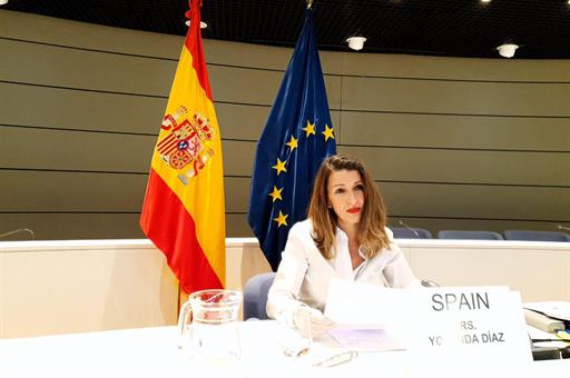 Yolanda Díaz durante la videoconferencia