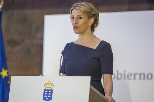 La vicepresidenta Díaz durante su intervención con motivo de la firma del Plan Integral de Empleo de Canarias