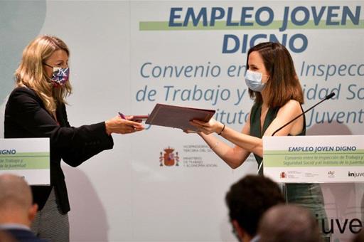 Yolanda Díaz e Ione Belarra presentan un convenio entre la Inspección de Trabajo y el INJUVE