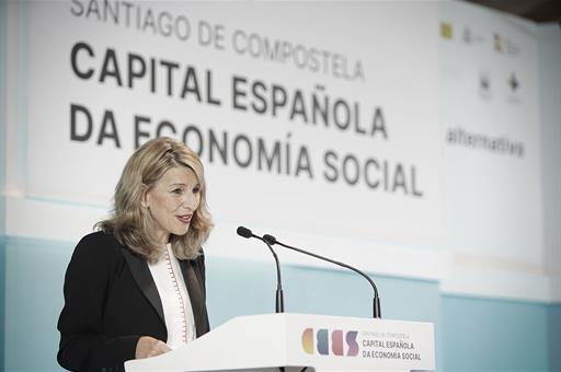 La vicepresidenta segunda y ministra de Trabajo y Economía Social, Yolanda Díaz, durante su intervención en el acto.