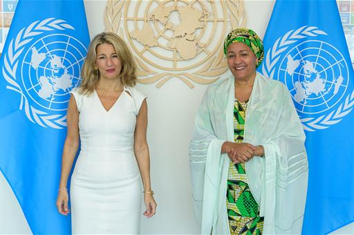 La vicepresidenta Yolanda Díaz con la vicesecretaria general de Naciones Unidas, Aminah J. Mohammed