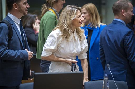 13/03/2023. Yolanda Díaz defends the signing of ILO Convention 190 in Brussels and advocates green collective bargaining. The Second Vice-Pr...