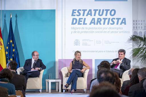 16/01/2023. 160123-artista. Miquel Iceta, Yolanda Díaz y José Luis Escrivá durante un acto con los respresentantes del sector artístico