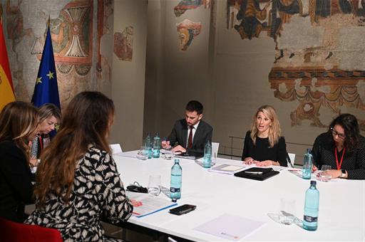 19/01/2023. The Minister for Work and Social Economy, Yolanda Díaz, during the meeting. The Minister for Work and Social Economy, Yolanda Dí...