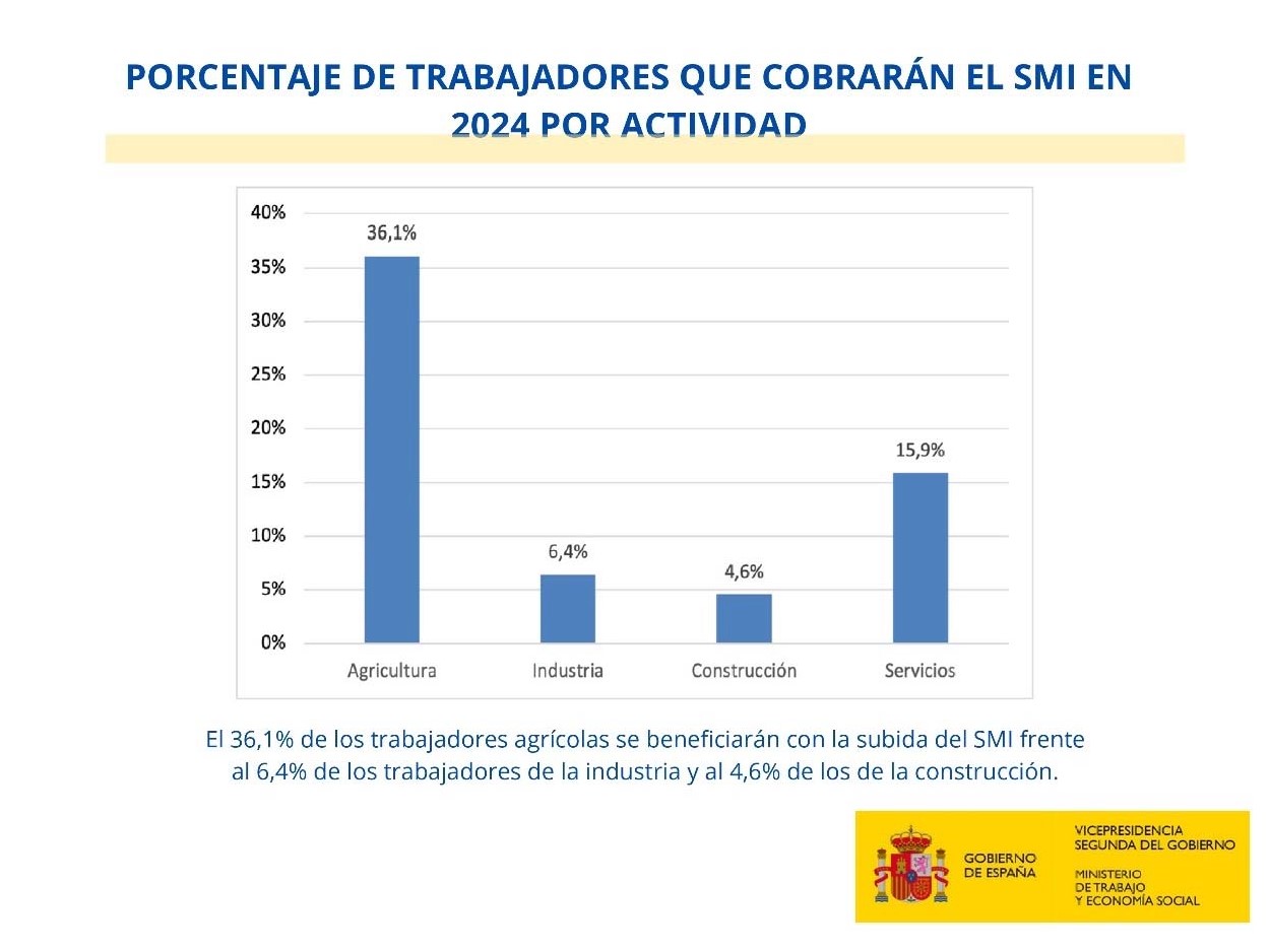 Gráfico del porcentaje de trabajadores que cobrarán el SMI en 2024 por actividad