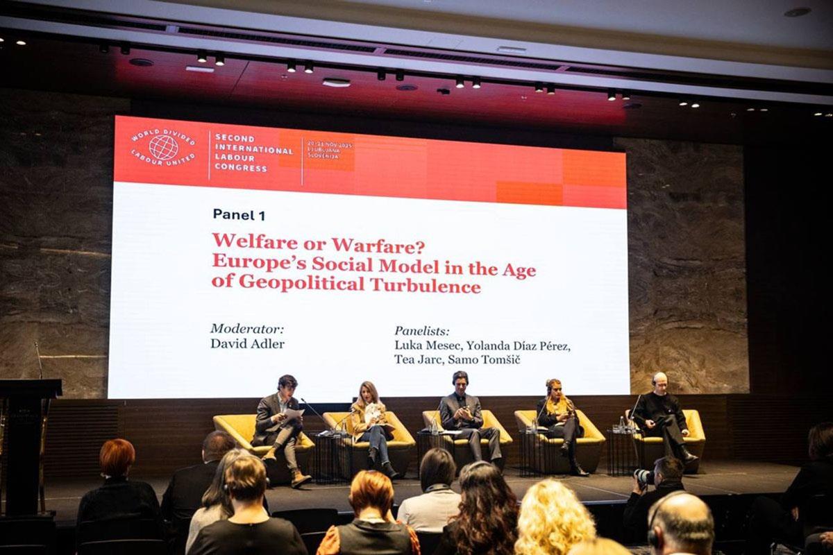 La vicepresidenta segunda, Yolanda Díaz, en el II Congreso Internacional del Trabajo, en Liubliana (Eslovenia)