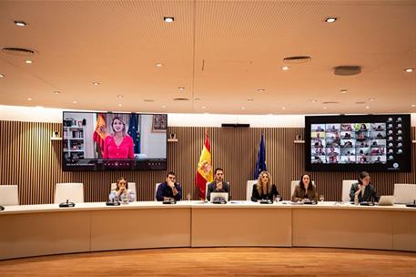 La ministra de Trabajo y Economía Social, Yolanda Díaz, interviene vía telemática en la reunión