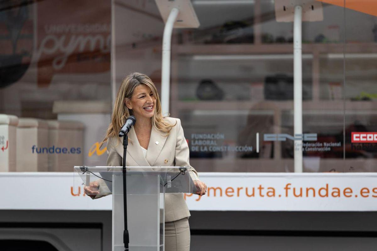​​​​​​​La vicepresidenta tercera y ministra de Trabajo, Yolanda Díaz, durante su intervención ante los medios de comunicación.