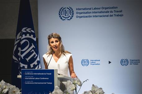 La ministra de Trabajo y Economía Social, Yolanda Díaz, en la Conferencia Internacional del Trabajo de la OIT en Ginebra.
