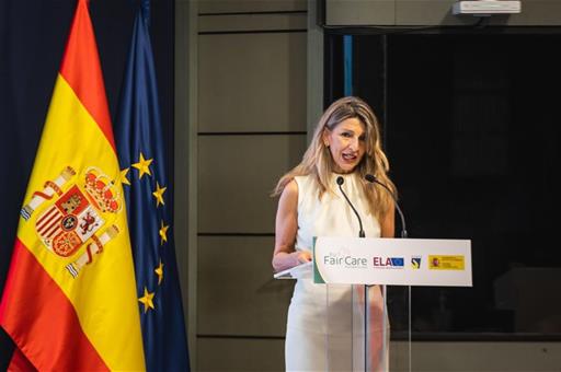Yolanda Díaz en una jornada sobre el sector cuidados