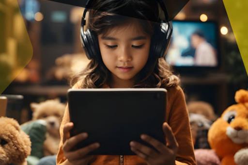 13/12/2024. Report on the security of connected toys. A girl watches a streaming show on a tablet while listening to music with headphones