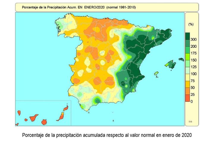 Mapa de España con el porcentaje de la precipitación acumulada respecto al valor normal en enero de 2020 de