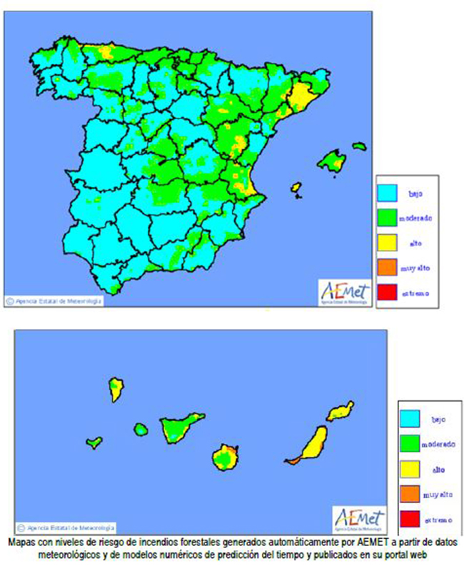 Mapas con niveles de riesgo de incendios forestales