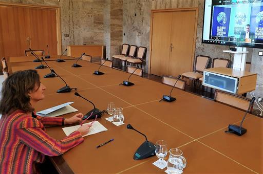 La vicepresidenta cuarta y ministra Teresa Ribera durante la reunión telemática