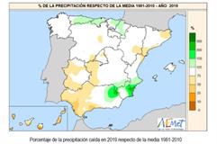 Mapa de porcentaje de la precipitación caída en 2019 respecto de la media 1981-2010 