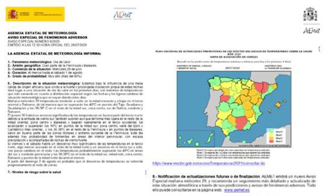 Ejemplo de aviso especial de la AEMET