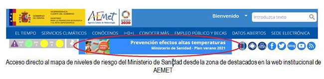 Imagen del acceso directo al mapa de niveles de riesgo de Sanidad desde la web de AEMET