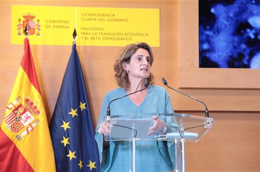 La vicepresidenta Teresa Ribera durante su intervención en la presentación de los planes hidrológicos