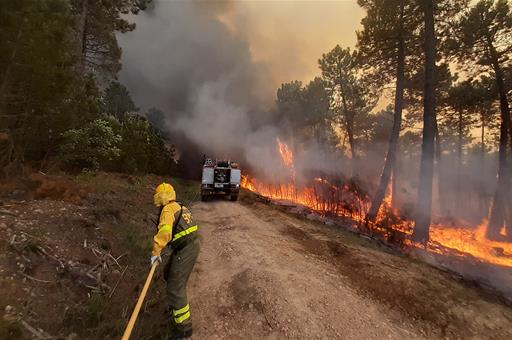 Un operario apaga un incendio