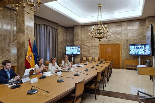 La vicepresidenta Teresa Ribera y la ministra Reyes Maroto durante la reunión celebrada por videoconferencia