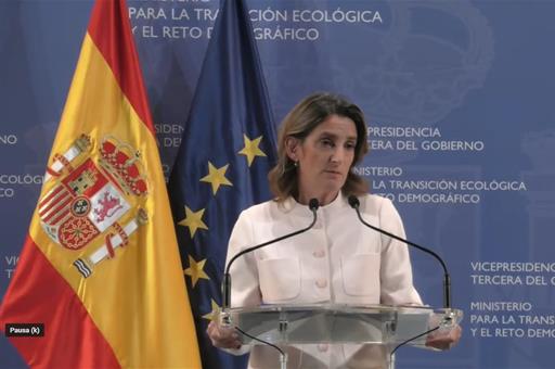 La vicepresidenta Teresa Ribera, durante su comparecencia ante los medios de comunicación.