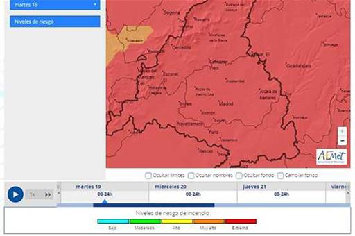 Ejemplo de nuevo visor con los niveles de riesgo de incendio previsto con zoom en la Comunidad de Madrid