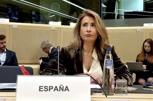 La ministra de Transportes, Movilidad y Agenda Urbana, Raquel Sánchez, en el Consejo de Ministros de Transportes de la UE