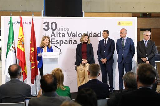 La ministra Raquel Sánchez durante su intervención en el acto por el 30 aniversario de la Alta Velocidad en España