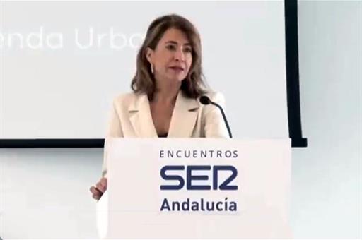 La ministra de Transportes, Movilidad y Agenda Urbana, Raquel Sánchez, durante su intervención 